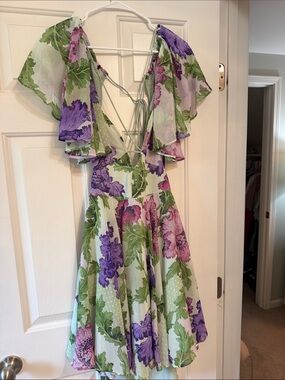 NWOT ASOS Backless Floral Ruffle Mini Dress in Lavender, Pink and Green